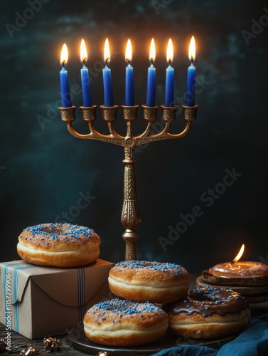 Celebrating hanukkah with delicious donuts and candles cozy home setting food photography festive atmosphere photo