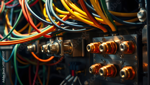 Many power electric wires multi-colored wires and nuts connected to copper metal busbars electric three phases of high industrial voltage. Electricity and power supply industrial concept background,