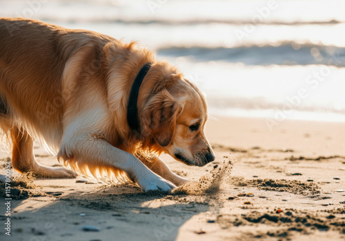 Golden retriever playing in the sand at beach during sunset with gentle waves in the background photo