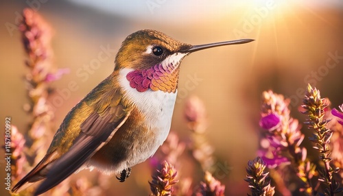 Impresionante ilustracin realista y fotogrfica de un colibr colorido en alta definicin, capturando cada detalle vibrante de su plumaje y la belleza de la naturaleza en un entorno sereno. photo