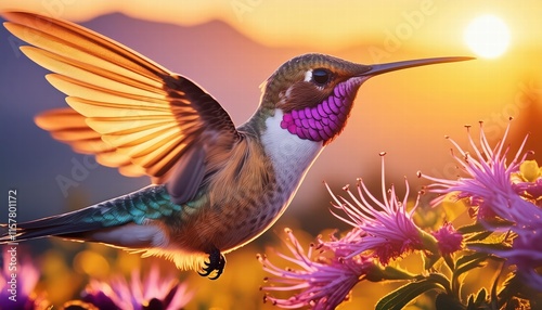Impresionante ilustracin hiperrealista de un colibr colorido en alta definicin, capturando cada detalle de sus plumas brillantes y su delicada belleza en un entorno natural vibrante. photo