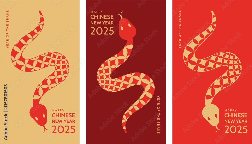 Obraz premium Happy Chinese New Year 2025. Set of greeting cards. Chinese zodiac Snake symbol. Lunar New Year. Vector design.