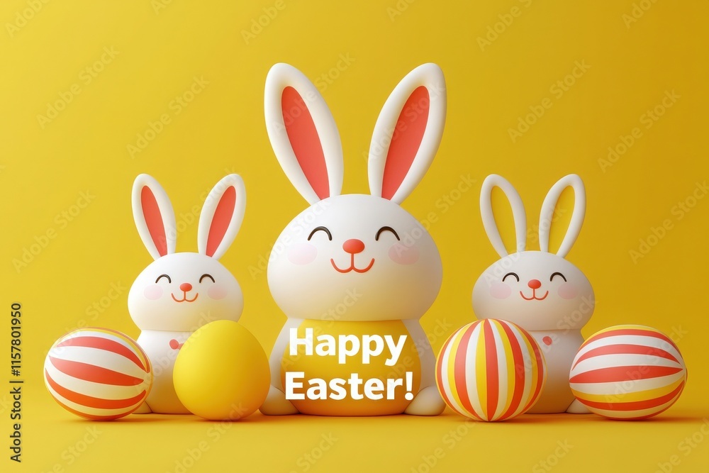 Cute bunnies with cheerful expressions are surrounded by colorful Easter eggs against a bright yellow background. This festive arrangement captures the joy of the Easter holiday. Cute bunnies with cheerful expressions are surrounded by colorful Easter eggs against a bright yellow background. This festive arrangement captures the joy of the Easter holiday.