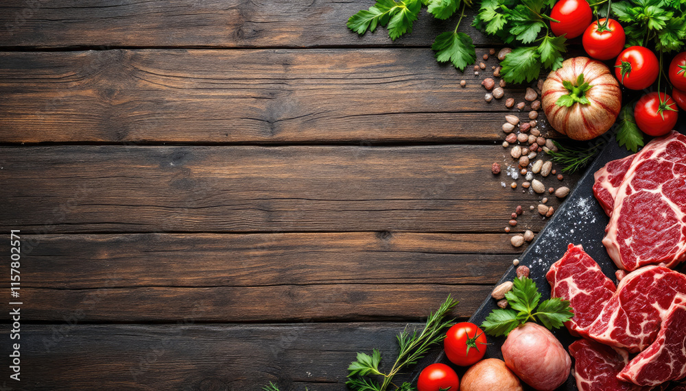 A rustic wooden table displays an array of fresh produce, including tomatoes, parsley, onions, and beef, arranged in a visually appealing manner. A rustic wooden table displays an array of fresh produce, including tomatoes, parsley, onions, and beef, arranged in a visually appealing manner.
