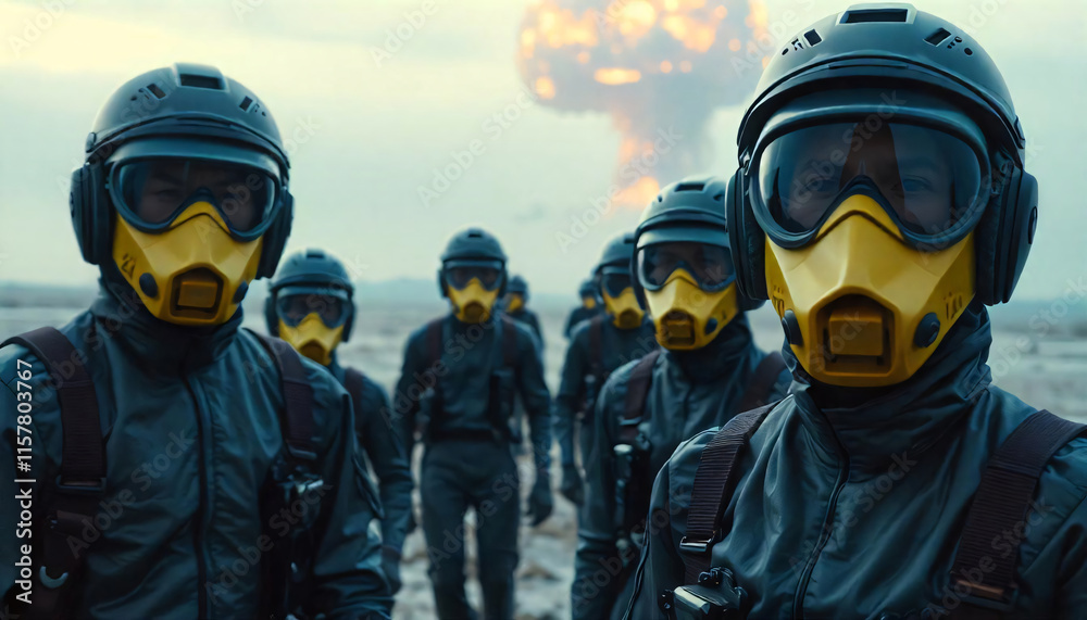 Naklejka premium Humans wearing suits and masks to protect against toxic gases in the atmosphere from the nuclear explosion. Reveals how the way of life of humans has changed,