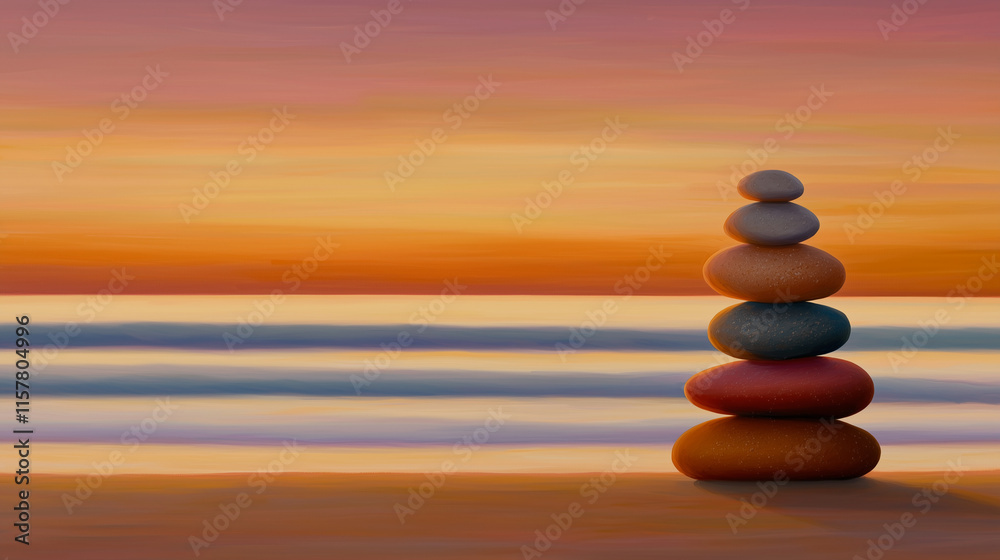 Tranquil Coastal Scene with Balanced Colorful Stones at Sunset Tranquil Coastal Scene with Balanced Colorful Stones at Sunset