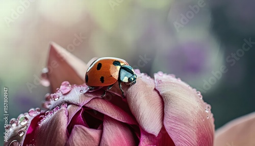 A CloseUp of a Ladybug on a Vibrant Red Flower Petal Adorned with Water Drops, Capturing Natures Beauty and Intricacies in Stunning Detail and Colorful Contrast