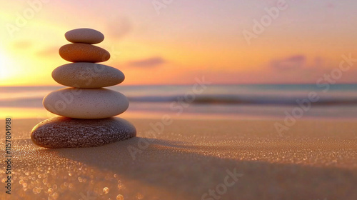 Tranquil Coastal Scene with Balanced Colorful Stones at Sunset photo