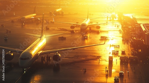 Airport and airplanes. Runway. Evening warm sunlight.