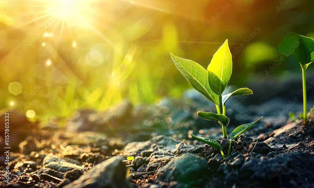 Young plant sprouting from soil with sunlight flares Young plant sprouting from soil with sunlight flares