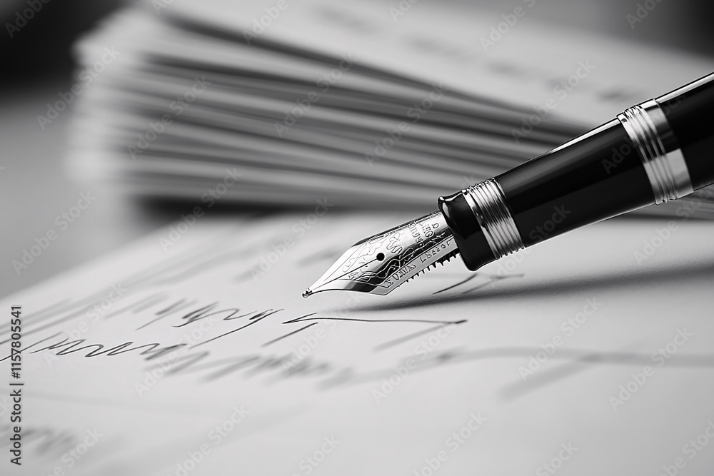 Fototapeta premium A minimalistic close-up of a fountain pen resting on handwritten letters, showcasing intricate details and elegant curves in a monochrome setting