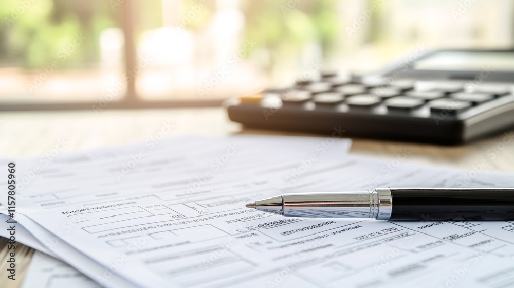 a minimalistic close-up photo of a stack of documents on a table with a pen and calculator in the background creating a professional and organized atmosphere a minimalistic close-up photo of a stack of documents on a table with a pen and calculator in the background creating a professional and organized atmosphere