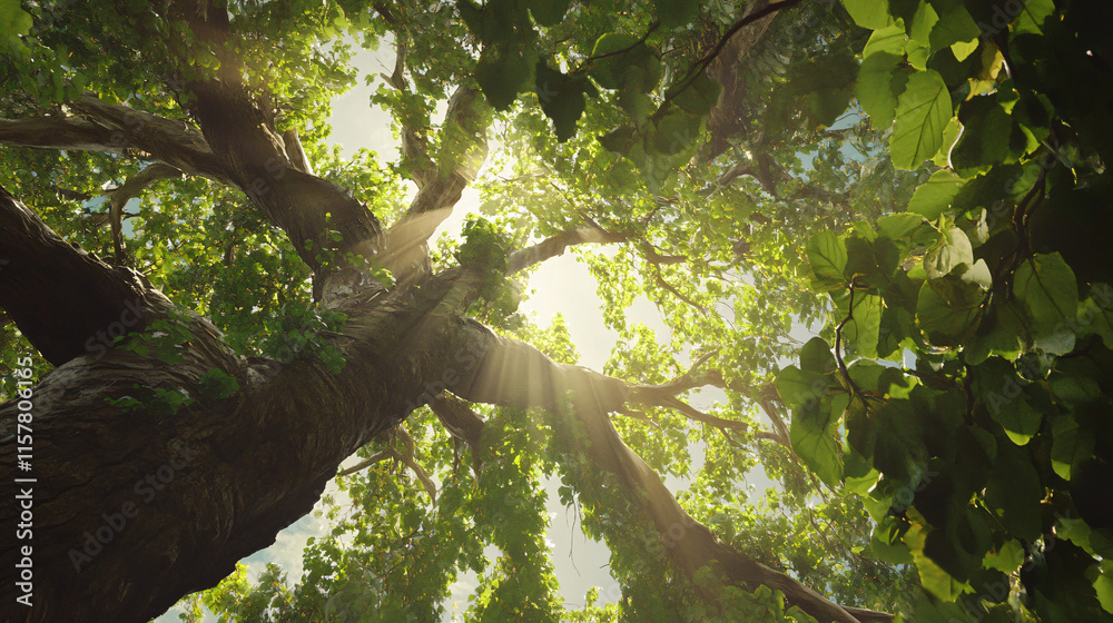 Fototapeta premium A worm's-eye view of a lush tree canopy with sunlight filtering through vibrant leaves creating a serene and tranquil atmosphere