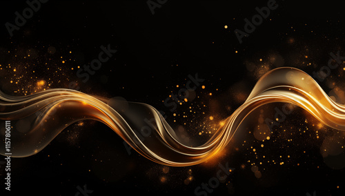 Enchanting abstract background with golden light trails and sparkling particles on deep black, radiating elegance and luxury.