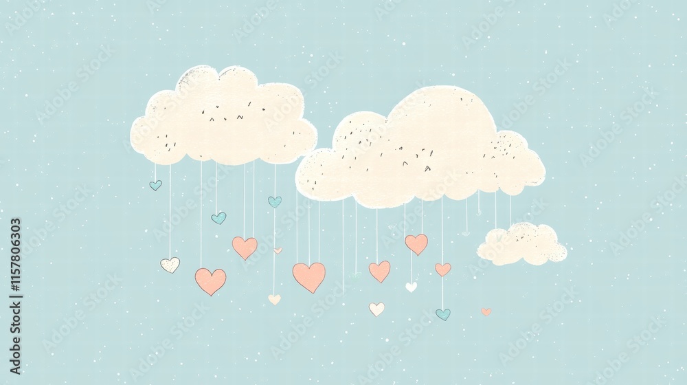 Whimsical Valentines Day design featuring hand drawn clouds and hearts with space for text. Generative AI