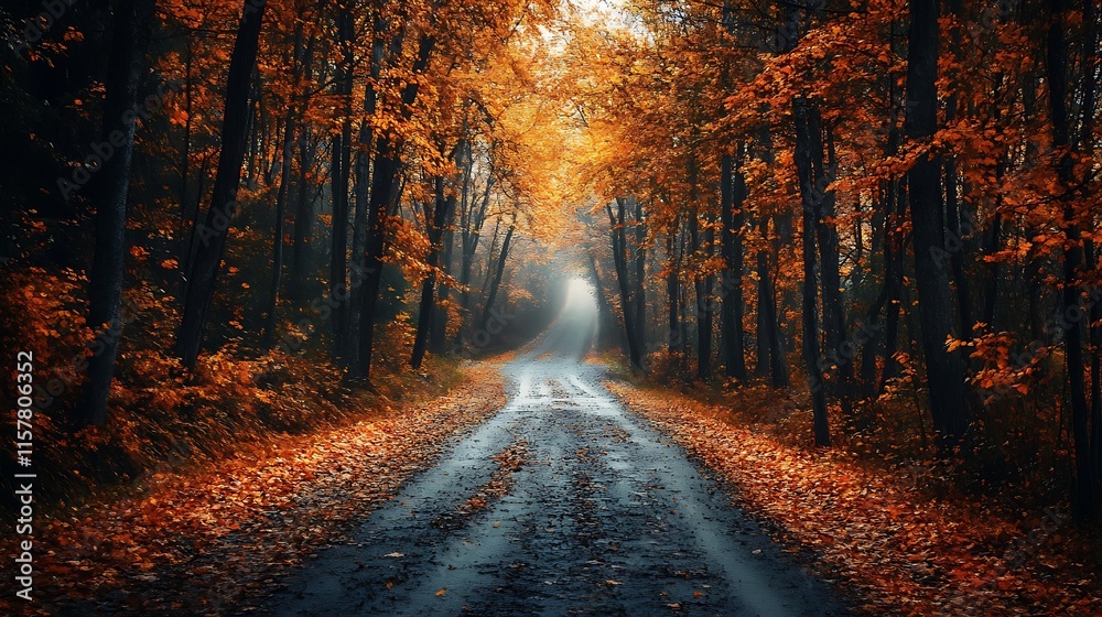 Autumn Road: Mystically Lit Forest Path Photo - Wide Shot. AI Generated Autumn Road: Mystically Lit Forest Path Photo - Wide Shot. AI Generated