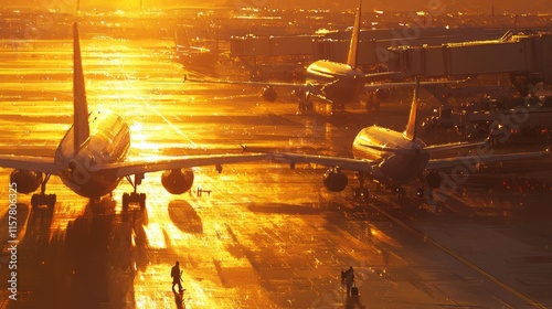 Airport and airplanes. Runway. Evening warm sunlight.