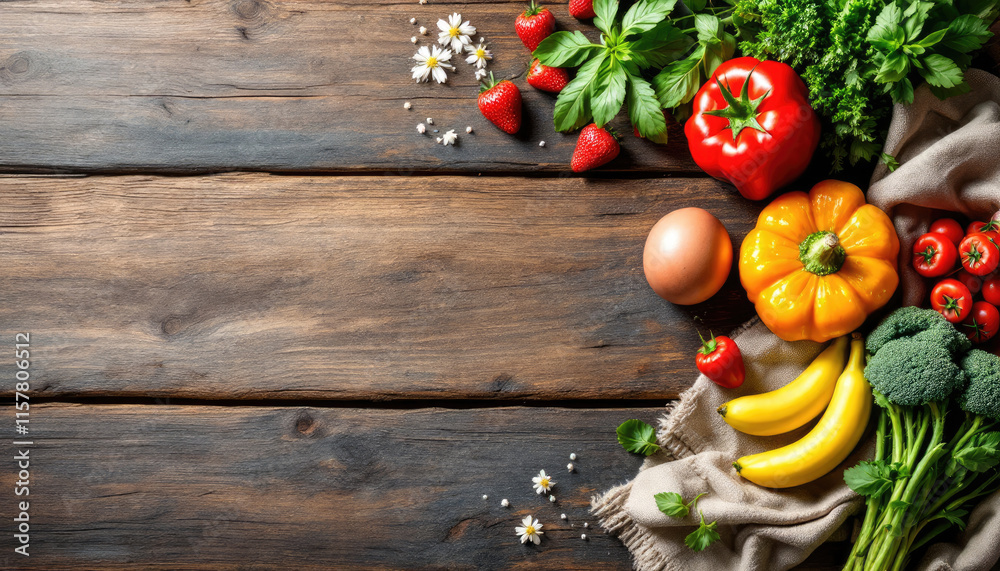 A rustic wooden table displays a vibrant array of fresh produce, including red bell peppers, yellow bananas, red strawberries, green broccoli, and white daisies. A rustic wooden table displays a vibrant array of fresh produce, including red bell peppers, yellow bananas, red strawberries, green broccoli, and white daisies.