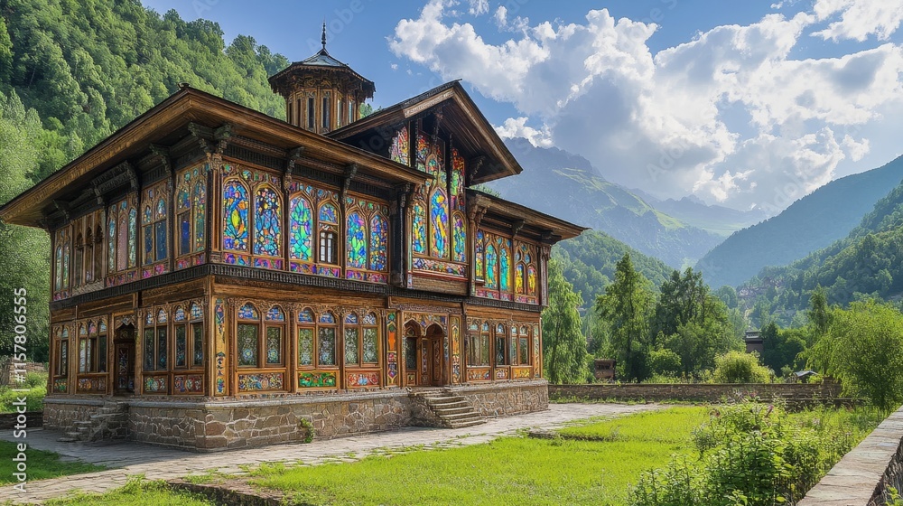Fototapeta premium Magnificent Wooden Palace with Stained Glass Windows