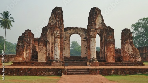 Ruins of an ancient structure surrounded by greenery.