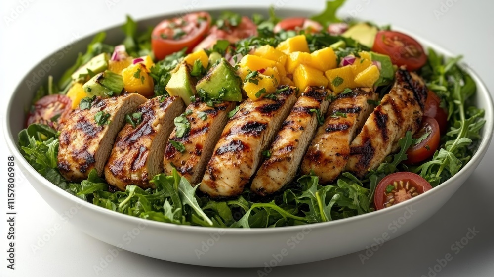 Grilled chicken salad with mango, avocado, and cherry tomatoes. Grilled chicken salad with mango, avocado, and cherry tomatoes.
