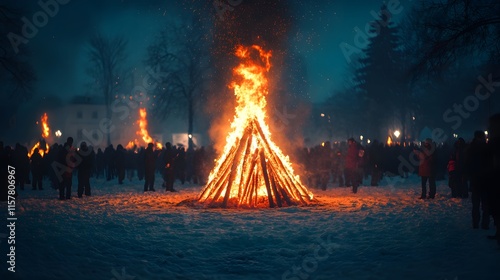 A large bonfire burns brightly in a snowy landscape at night, surrounded by a crowd of people. The flames reach high into the dark sky, creating a dramatic and warm scene. photo