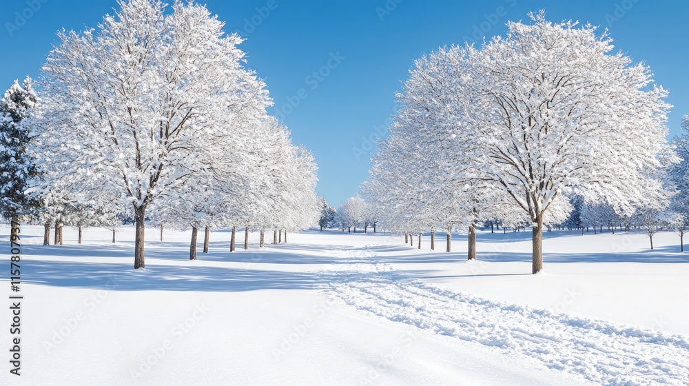 A tranquil pathway surrounded by snow laden trees under a clear blue sky invites winter strolls A tranquil pathway surrounded by snow laden trees under a clear blue sky invites winter strolls