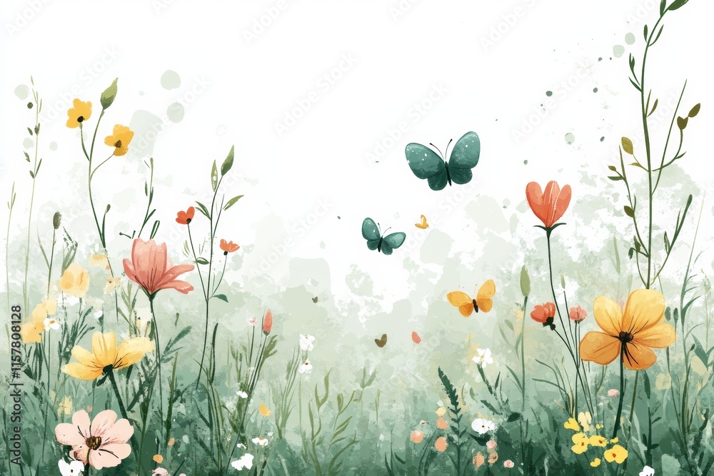 Colorful meadow filled with playful flowers and fluttering butterflies in a cheerful landscape. Generative AI Colorful meadow filled with playful flowers and fluttering butterflies in a cheerful landscape. Generative AI