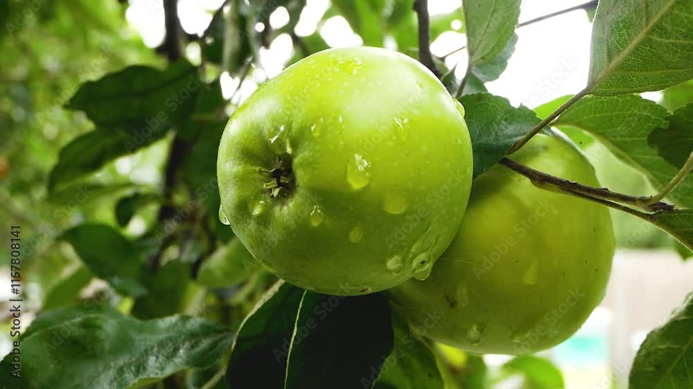 A ripe green apple with raindrops on an apple tree branch in the summer. Cultivation of environmentally friendly fruits. Harvesting apples. Sweet vitamin fruit dessert. Harvesting apples A ripe green apple with raindrops on an apple tree branch in the summer. Cultivation of environmentally friendly fruits. Harvesting apples. Sweet vitamin fruit dessert. Harvesting apples