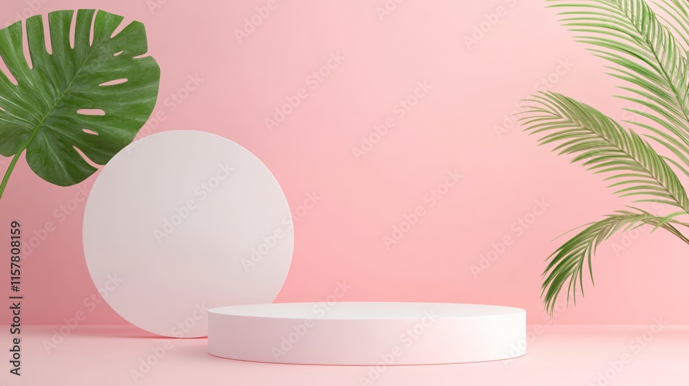 Minimalist Studio Setup with Pink Background and Tropical Greenery Accents Minimalist Studio Setup with Pink Background and Tropical Greenery Accents
