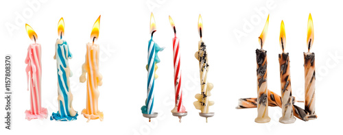 Set of burned birthday candles, isolated on transparent background. PNG element.