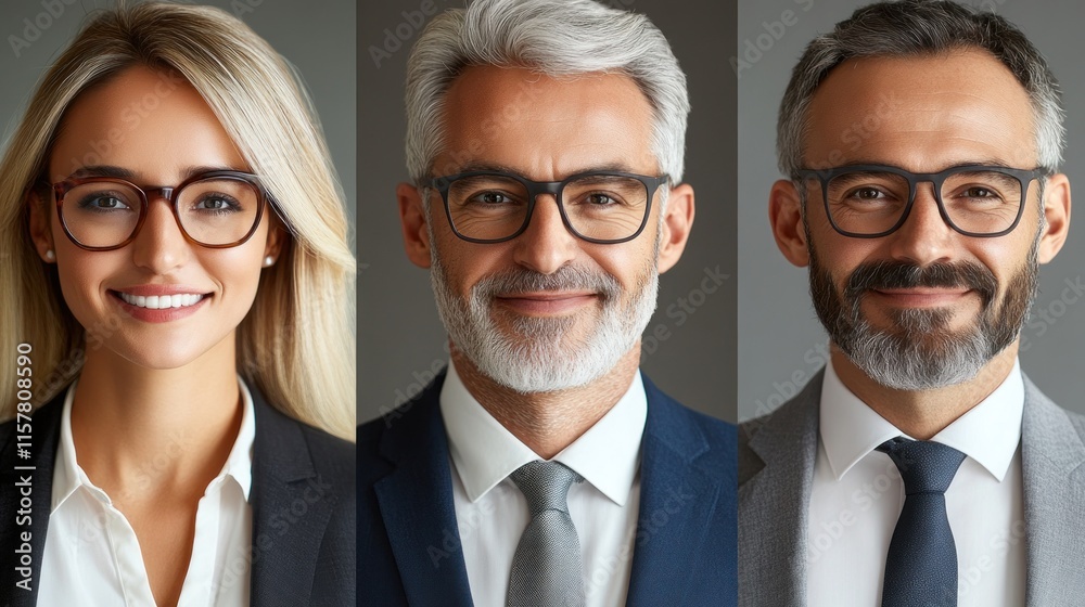 Three professionals with glasses wearing suits smile while displaying confidence and diversity in appearance Three professionals with glasses wearing suits smile while displaying confidence and diversity in appearance