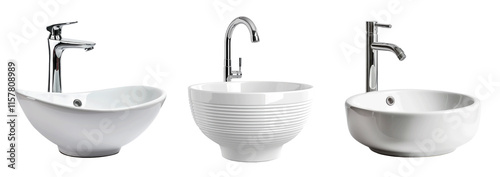Set of ceramic sink and faucet, isolated on transparent background. PNG element.