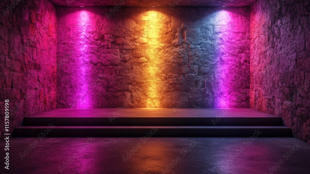 Obraz premium Vibrant Neon Lights Projecting on a Textured Stone Wall in an Empty Stage Space Ideal for Events, Performances, or Creative Photoshoots