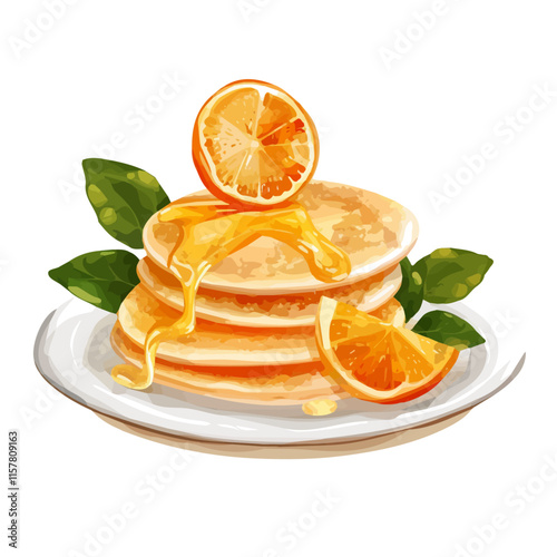 A watercolor vector of French crêpes Suzette with orange sauce, isolated on a white background. Crêpes Suzette vector.
