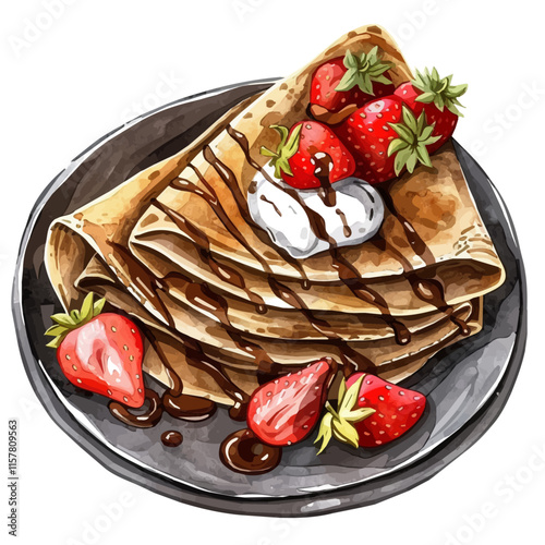 A watercolor of French crêpes with Nutella and strawberries, isolated on a white background. Crêpes vector.
