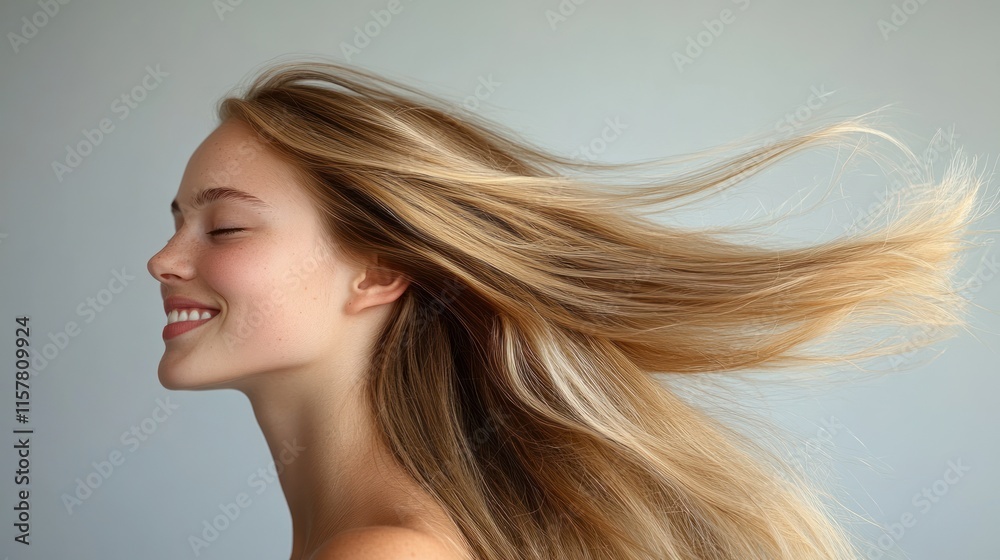 Young woman smiles with joy as her long hair flows gracefully in the air during a serene moment Young woman smiles with joy as her long hair flows gracefully in the air during a serene moment