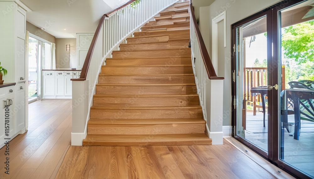 Obraz premium Stunning Luxury Contemporary Interior Design in a MultiStorey Home Featuring Sleek Wooden Stairs and Elegant Finishes for a Modern Living Experience