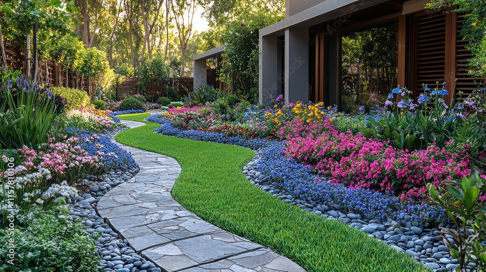 A luxurious garden with a blend of manicured lawns, colorful flowerbeds, and a minimalist stone pathway under warm, natural lighting. A luxurious garden with a blend of manicured lawns, colorful flowerbeds, and a minimalist stone pathway under warm, natural lighting.