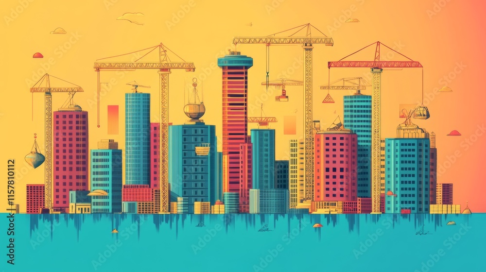 Fototapeta premium Vibrant Cityscape with Construction and Flat Design Style