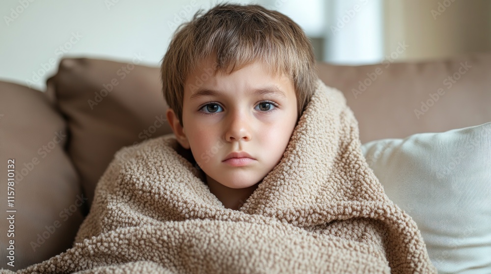 A child sitting on a couch, wrapped in a soft blanket, gazes thoughtfully while feeling cold indoors A child sitting on a couch, wrapped in a soft blanket, gazes thoughtfully while feeling cold indoors