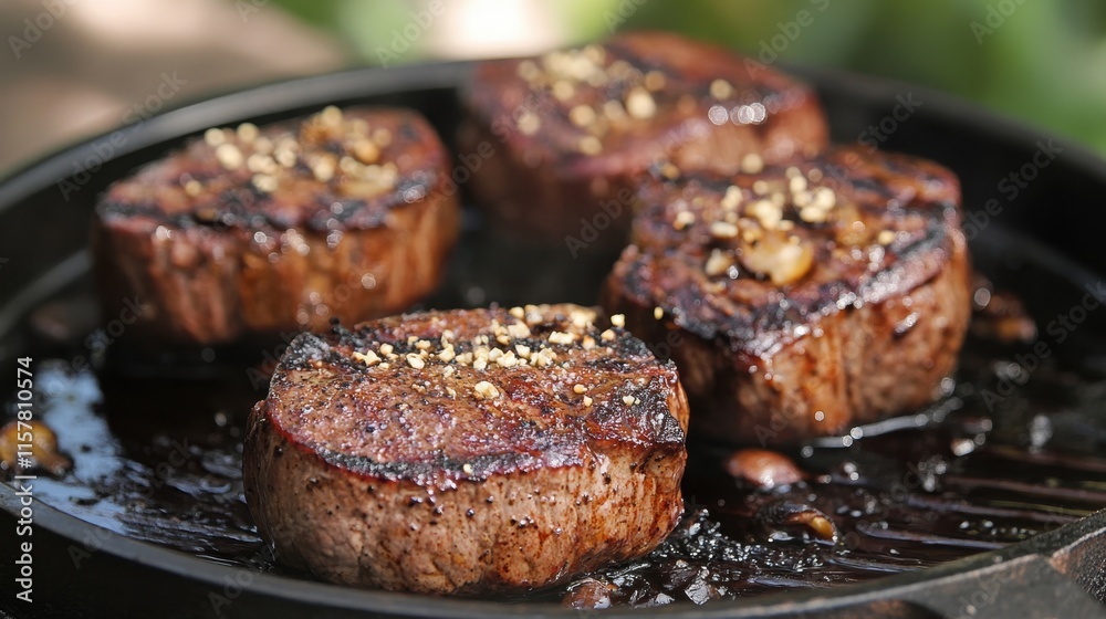 National Filet Mignon Day Gourmet filet mignon with mustard and mushrooms dish on grill for culinary presentation National Filet Mignon Day Gourmet filet mignon with mustard and mushrooms dish on grill for culinary presentation