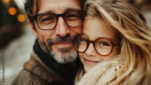 A father and daughter embrace with joyful smiles, both wearing glasses and warm, cozy attire