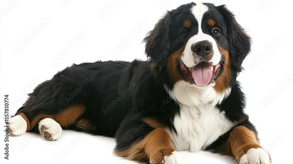 Happy bernese mountain dog relaxing on white background Happy bernese mountain dog relaxing on white background