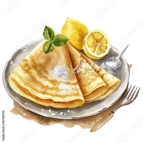 A watercolor of French crêpes with sugar and lemon, isolated on a white background. Crêpes vector.
