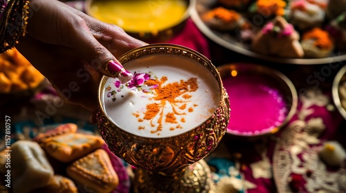 Close-up of a hand delicately adding rose petals and turmeric to a creamy beverage in an ornate gold bowl. Surrounding the bowl are various sweets and colorful bowls, suggesting a festive occasion. photo