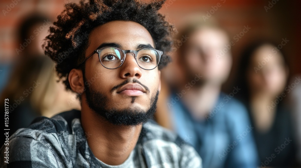A young man sits in a classroom, focused and engaged, while others participate in the discussion A young man sits in a classroom, focused and engaged, while others participate in the discussion