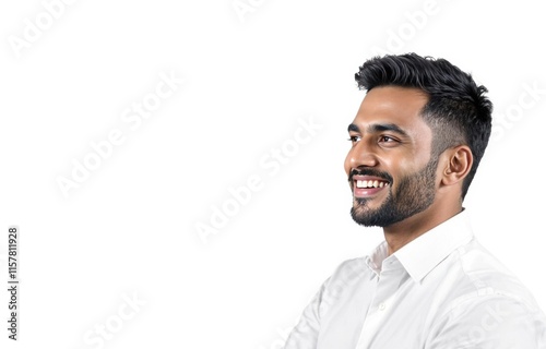 Close-up profile view of a smiling South Asian man with short dark hair, a beard, and wearing a whit photo