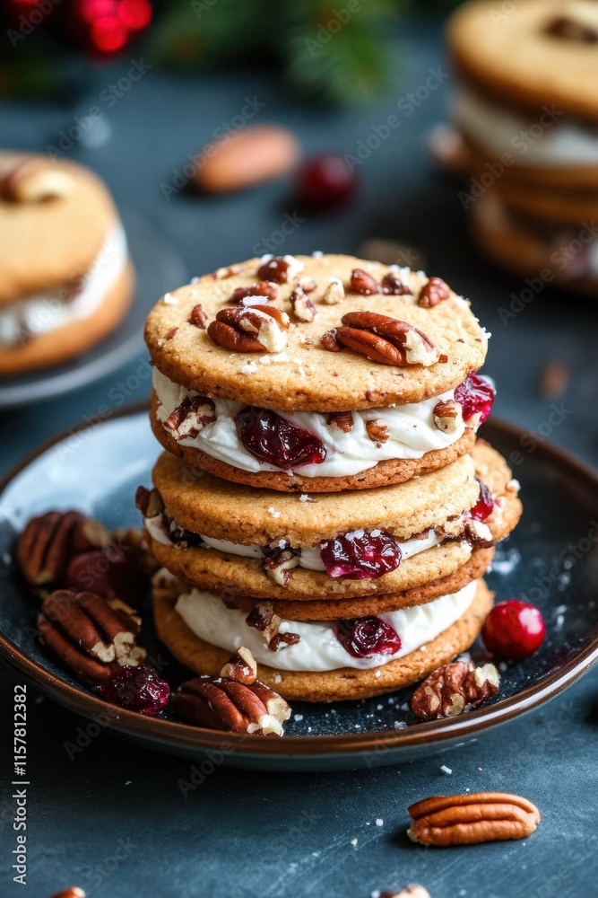Festive holiday cookies with cream filling and nuts for delicious christmas dessert Festive holiday cookies with cream filling and nuts for delicious christmas dessert