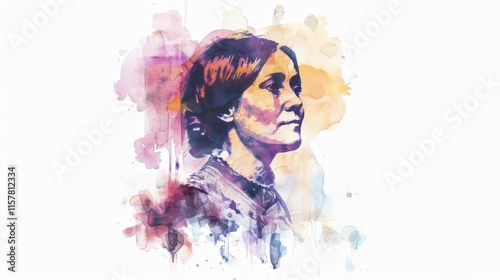 Susan B Anthony Day Colorful watercolor portrait of a woman featuring abstract background for art and design projects